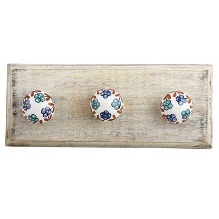 Sea Green And Slate Blue Tiny Flower Ceramic Wooden Hook 